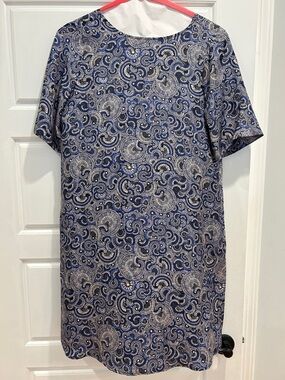 Momoni Blue Fan Patterned Short-Sleeve Silk Dress with Deep V Back - Brand New!